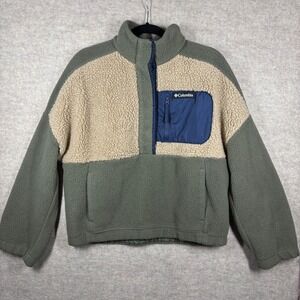 Columbia Women's Sherpa Fleece Colorblock 1/4 Zip Pullover Jacket Green Tan L